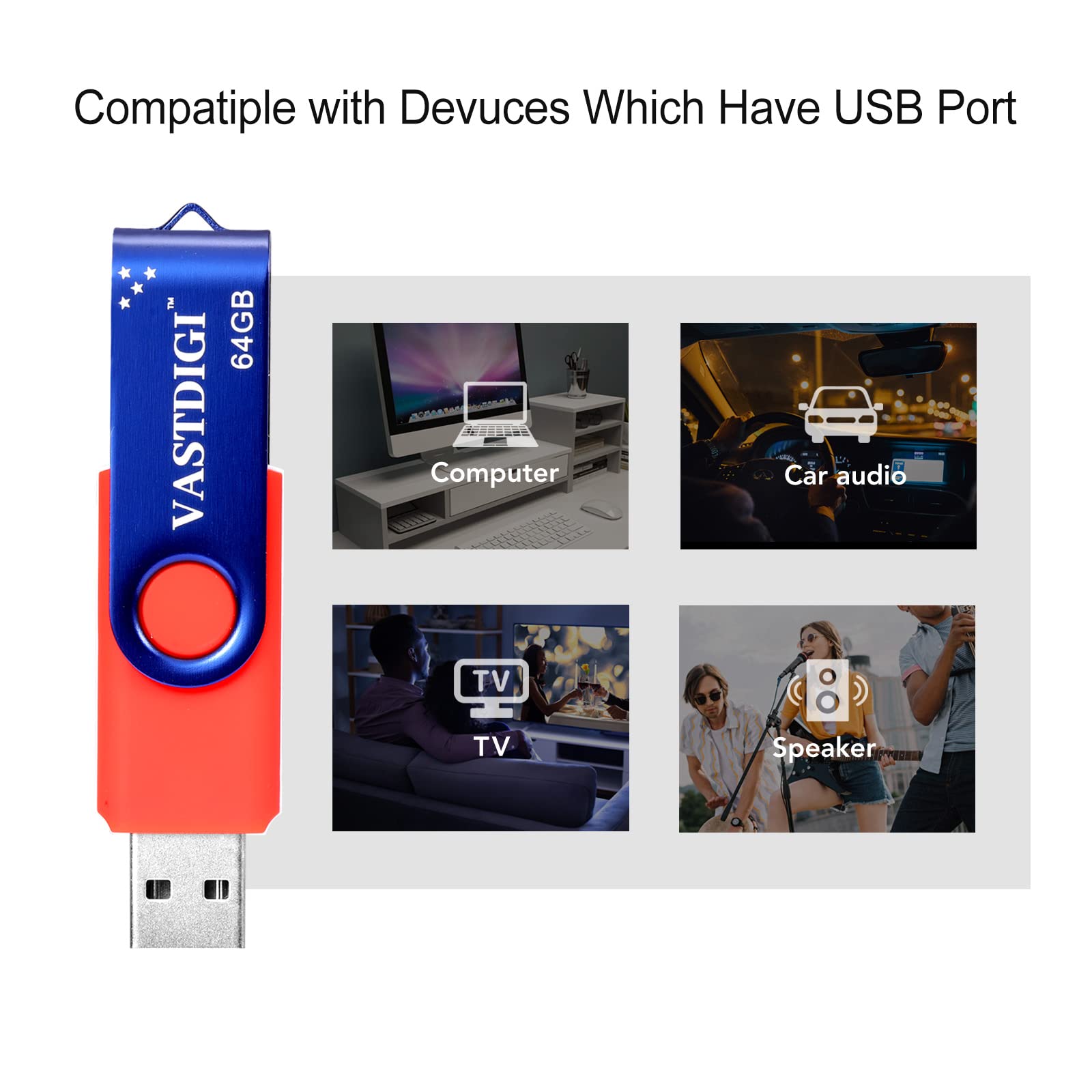 VASTDIGI 8GB USB Flash Drives 5 Pack USB 2.0 Flash Drive Swivel Memory Stick Thumb Drives with LED Light for Data Storage and Backup