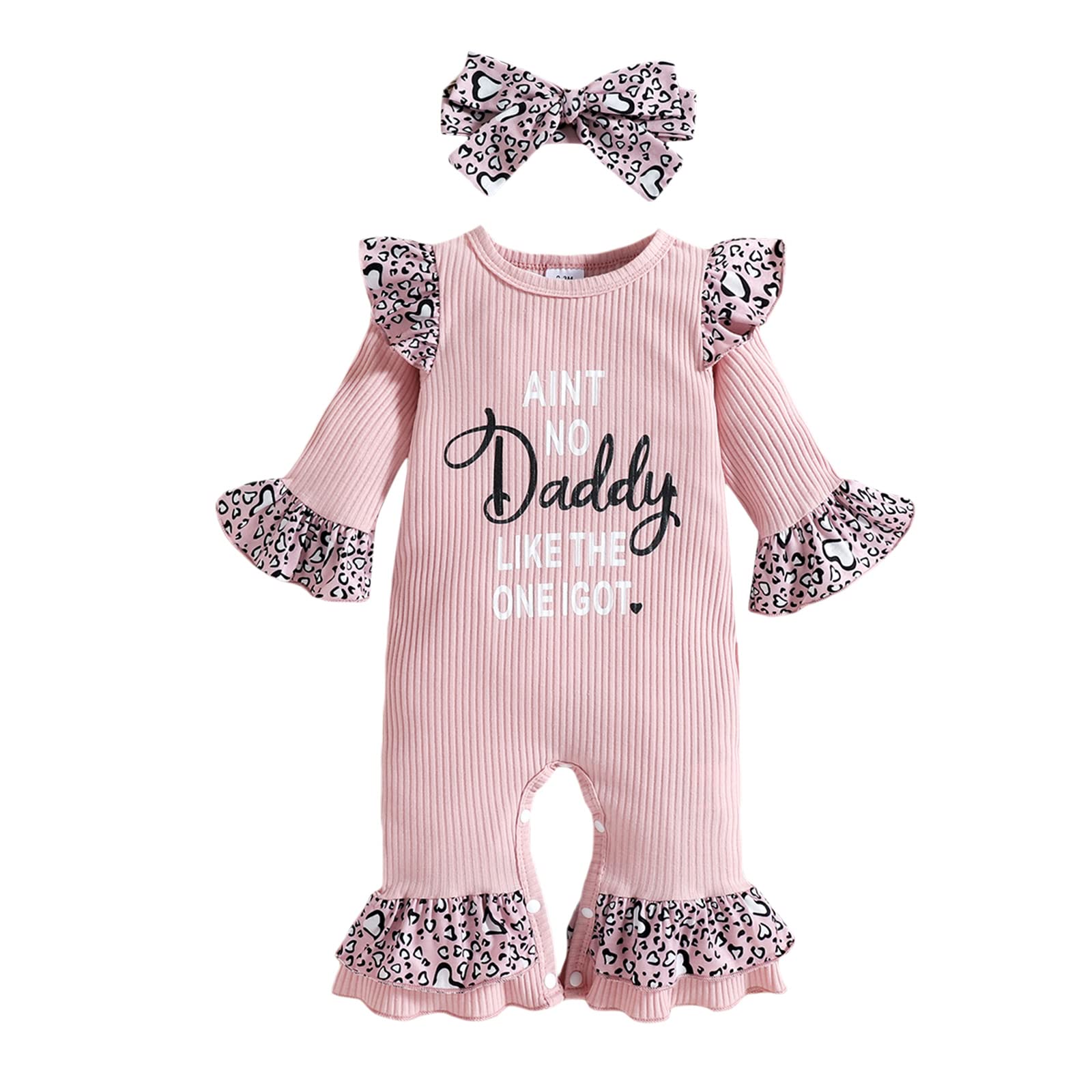 Tiacham Baby Girl Clothes Newborn Romper Aint No Daddy Like The One I Got Outfit Leopard Jumpsuit Headband (Pink, 0-3 Months)