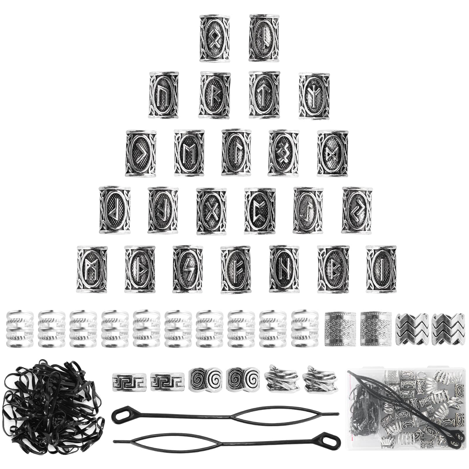 Viking Hair Beads Set (76PCS): Metal Silver Clips, Cuffs, Coils and Rings for Men's Dreadlocks, Braids, Beard Decoration