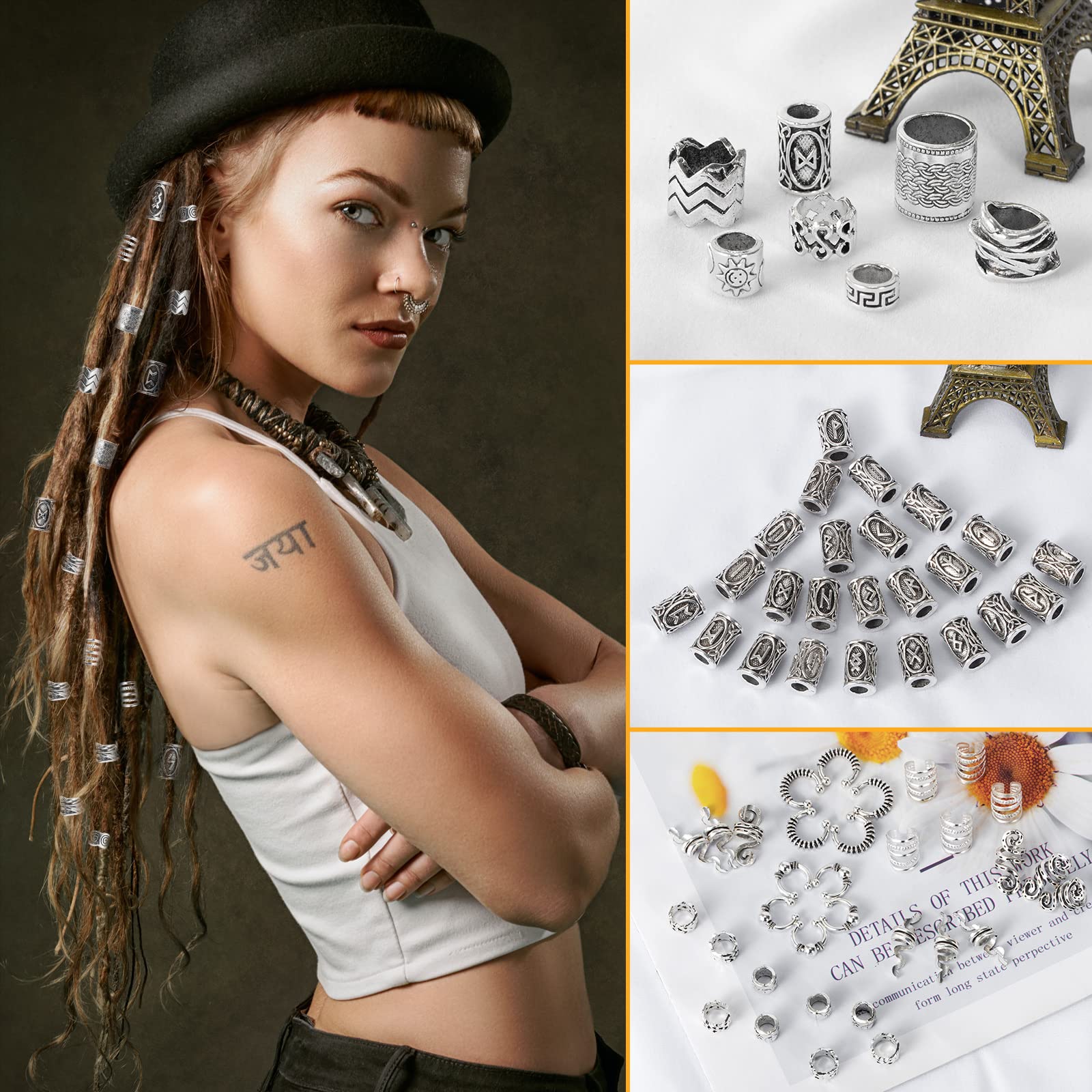 Viking Hair Beads Set (76PCS): Metal Silver Clips, Cuffs, Coils and Rings for Men's Dreadlocks, Braids, Beard Decoration