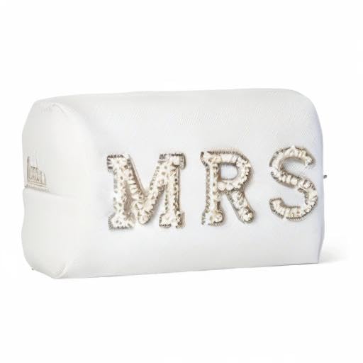 Bride Makeup Bag,Bride Bag MRS White Makeup Bag,Pearl Letter Patch Cosmetic Bag,Toiletry Bag Skincare Bag PU Leather Makeup Bag Zipper Purse,Bride to be Gifts,Bride Gifts,Engagement Gifts for Women