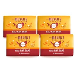 MRS. MEYER'S CLEAN DAY Bar Soap, Use as Body Wash or Hand Soap, Made with Essential Oils, Clementine, 5.3 oz, 4 Bars