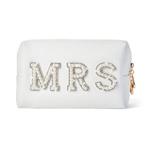 bride makeup bag,bride bag mrs white makeup bag,pearl letter patch cosmetic bag,toiletry bag skincare bag pu leather makeup bag zipper purse,bride to be gifts,bride gifts,engagement gifts for women