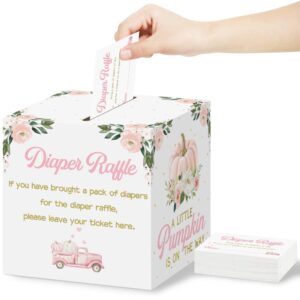 diaper raffle card box with 50 pcs pumpkin diaper raffle tickets, autumn floral pumpkin diaper raffle card box for baby shower games gender reveal party invitation insert card game (pink)