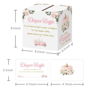 Diaper Raffle Card Box with 50 Pcs Pumpkin Diaper Raffle Tickets, Autumn Floral Pumpkin Diaper Raffle Card Box for Baby Shower Games Gender Reveal Party Invitation Insert Card Game (Pink)