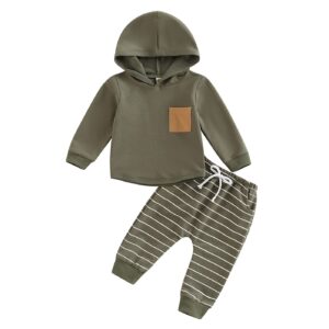 Baby Boy Clothes 3 6 9 12 18 24M 3T Pants Set Hooded Patchwork Hoodie Striped Sweatpants Fall Winter Outfit (C-Army Green, 6-12 Months)