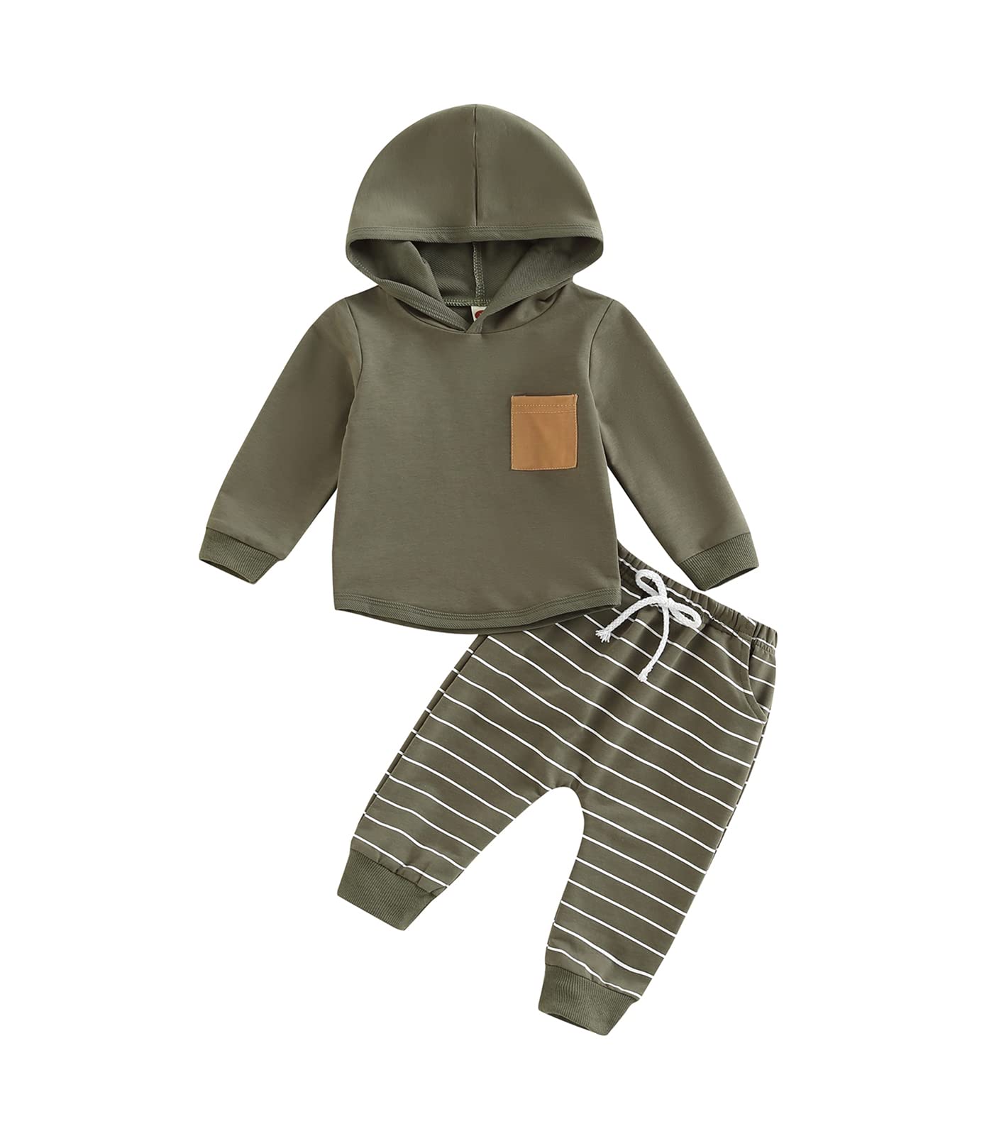 Baby Boy Clothes 3 6 9 12 18 24M 3T Pants Set Hooded Patchwork Hoodie Striped Sweatpants Fall Winter Outfit (C-Army Green, 6-12 Months)