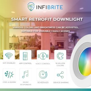 INFIBRITE 4 Inch Smart Recessed Light, Color Changing and Tunable White, WiFi Retrofit LED Downlight E26 Base, No Hub, Works with Alexa and Google, Dimmable, 810LM, CRI90, RGBCW, Wet Rated (12 Pack)