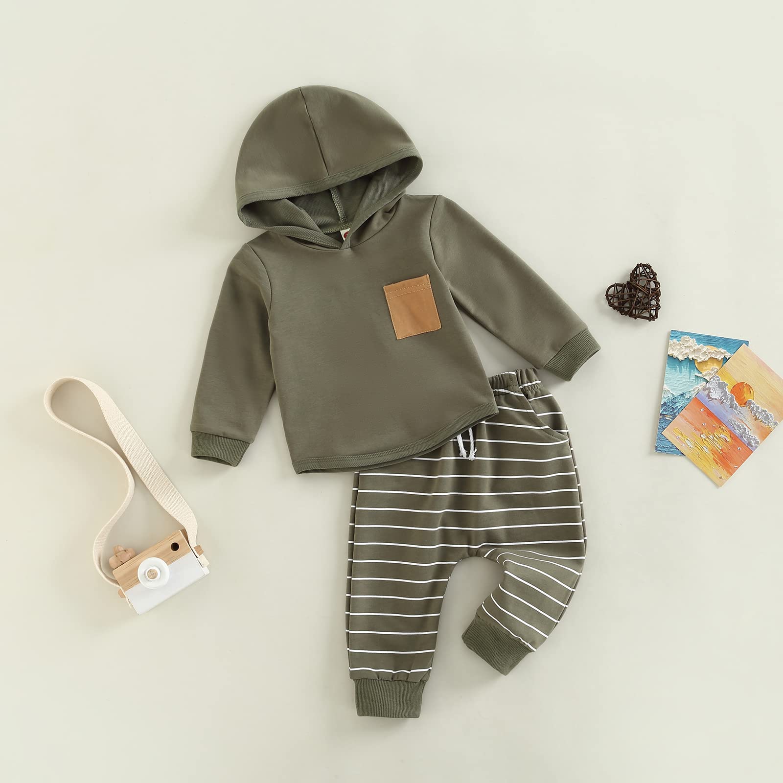 Baby Boy Clothes 3 6 9 12 18 24M 3T Pants Set Hooded Patchwork Hoodie Striped Sweatpants Fall Winter Outfit (C-Army Green, 6-12 Months)