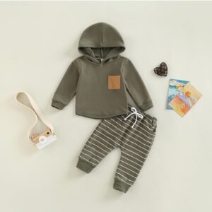 Baby Boy Clothes 3 6 9 12 18 24M 3T Pants Set Hooded Patchwork Hoodie Striped Sweatpants Fall Winter Outfit (C-Army Green, 6-12 Months)