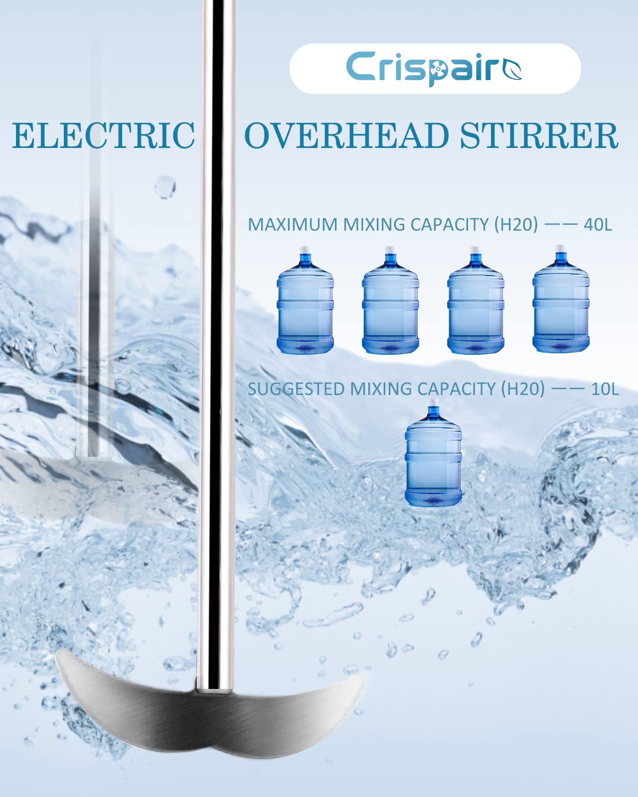 Crispaire Electric Overhead Stirrer Max.40L LCD Digital Lab Mixer 10000mPa.s Time and Speed Adjustable Stirring Rod Included 100-2000RPM 120W