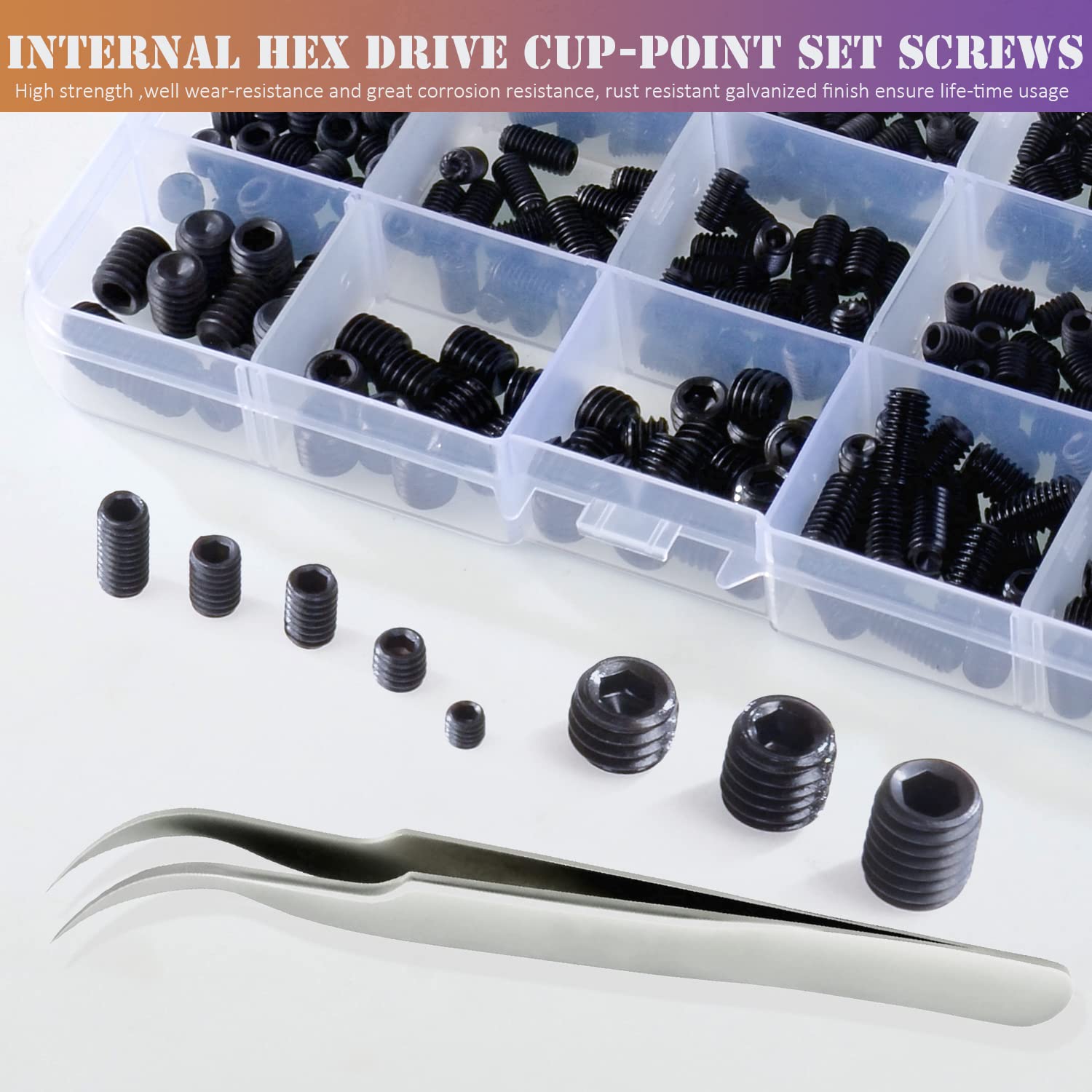 ZTF 530Pcs Metric Set Screw Assortment Kit, M3/4/5/6/8 Grub Screws Internal Hex Drive Set Screws for Bathroom Fixtures, Door Handles knobs, Towel Rack Screws Replacement, 12.9 Grade Alloy Steel