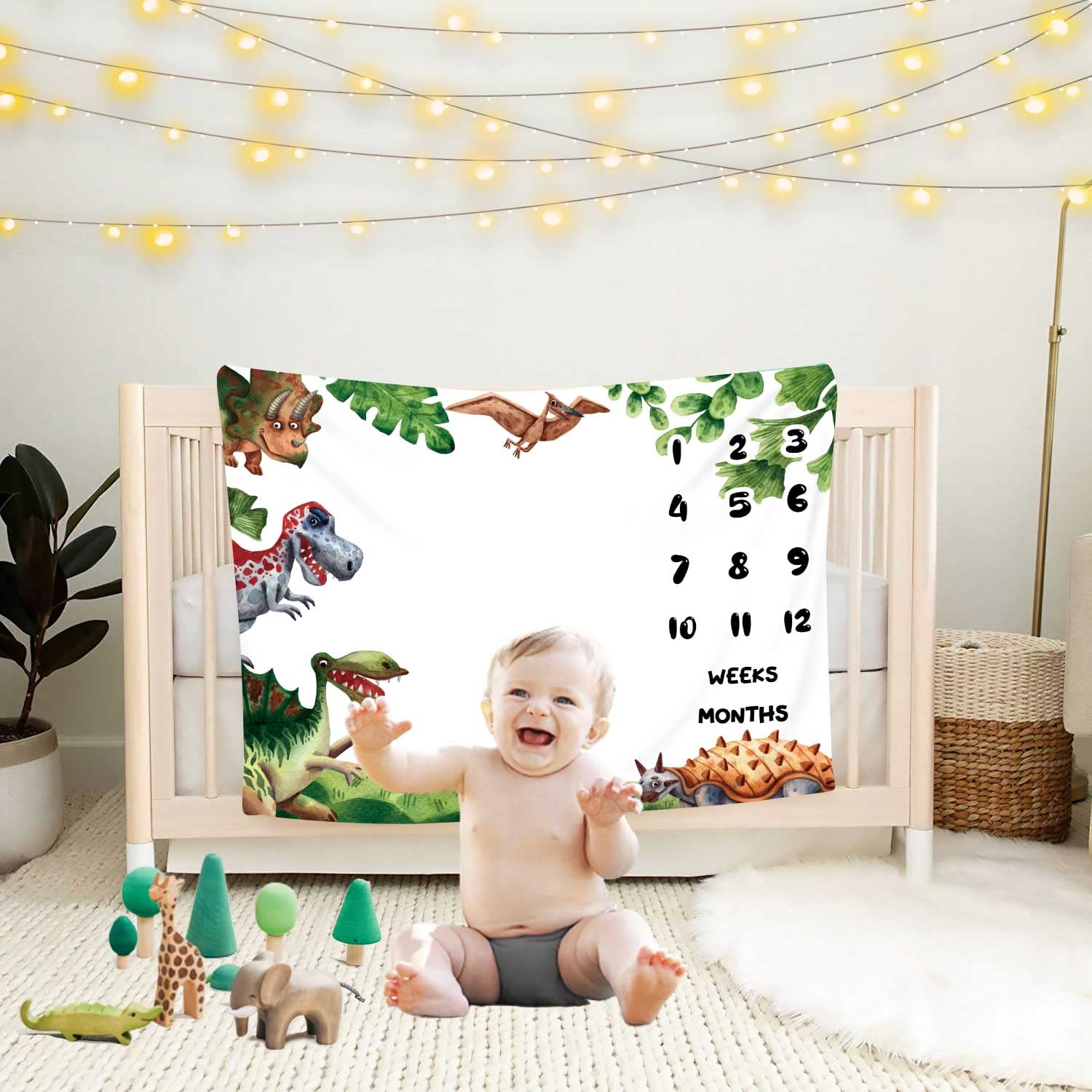 KIKIDO Cartoon Dinosaur Baby Monthly Milestone Blanket Jurassic Dinosaur Photo Background New Baby Boy Swaddle Blanket Gift Capture Baby Personalized Growth Chart Flag Blanket 48x40Inch