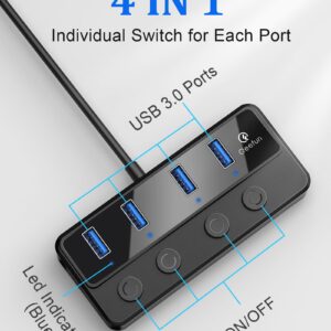 Qeefun 4-Port USB Hub 3.0, Individual LED Power Switches USB Extension 2ft USB Extender 5V/3A USB Adapter for Laptop, PC, USB Flash Drives, and More……