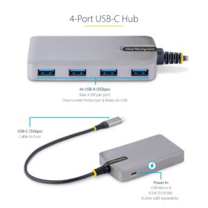 StarTech.com 4-Port USB-C Hub - 5Gbps - Bus Powered - USB C to 4x USB-A Hub w/ Optional Auxiliary Power Input - Portable Desktop/Laptop USB Hub - 1ft (30cm) Cable - USB Expansion Hub (5G4AB-USB-C-HUB)