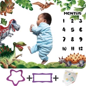 KIKIDO Cartoon Dinosaur Baby Monthly Milestone Blanket Jurassic Dinosaur Photo Background New Baby Boy Swaddle Blanket Gift Capture Baby Personalized Growth Chart Flag Blanket 48x40Inch