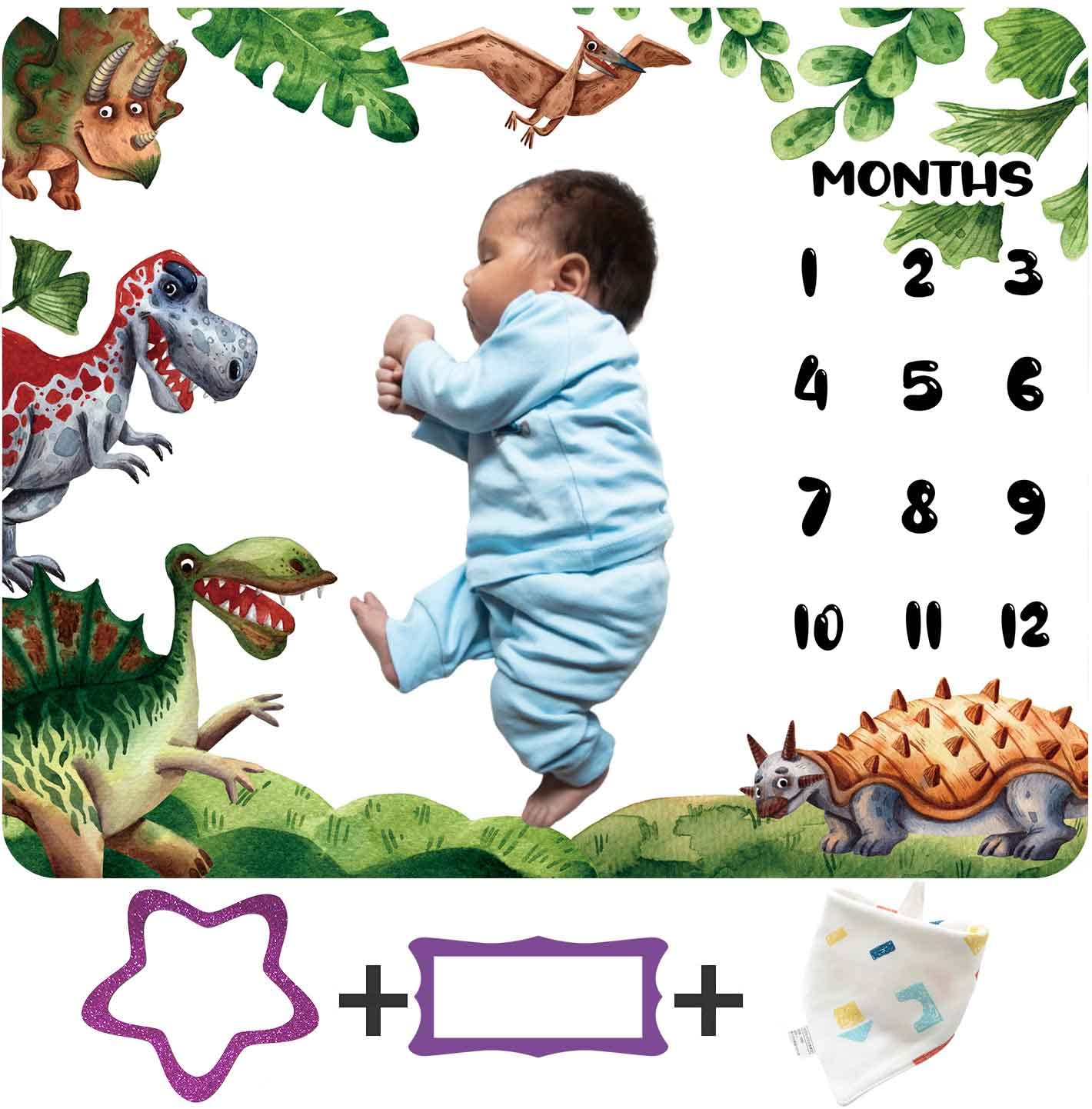 KIKIDO Cartoon Dinosaur Baby Monthly Milestone Blanket Jurassic Dinosaur Photo Background New Baby Boy Swaddle Blanket Gift Capture Baby Personalized Growth Chart Flag Blanket 48x40Inch