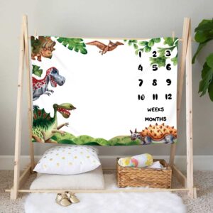 KIKIDO Cartoon Dinosaur Baby Monthly Milestone Blanket Jurassic Dinosaur Photo Background New Baby Boy Swaddle Blanket Gift Capture Baby Personalized Growth Chart Flag Blanket 48x40Inch