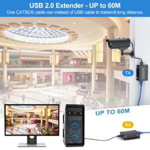 USB Extender Over Ethernet 200ft USB2.0 HUB RJ45 Cat5e/6 up to 480Mbps with Power Adapter Two Cameras Work in Sync Support Windows MacOS Android Linux