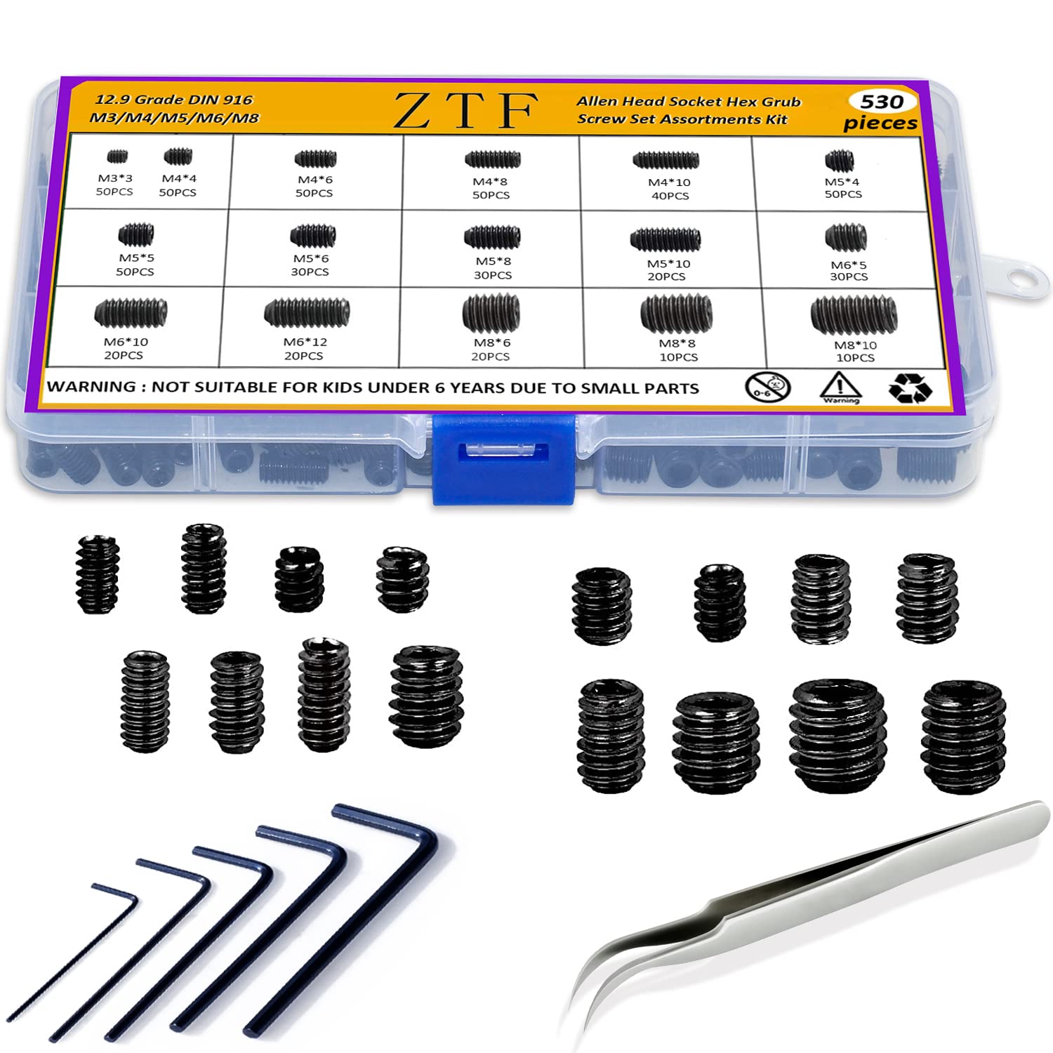 ZTF 530Pcs Metric Set Screw Assortment Kit, M3/4/5/6/8 Grub Screws Internal Hex Drive Set Screws for Bathroom Fixtures, Door Handles knobs, Towel Rack Screws Replacement, 12.9 Grade Alloy Steel