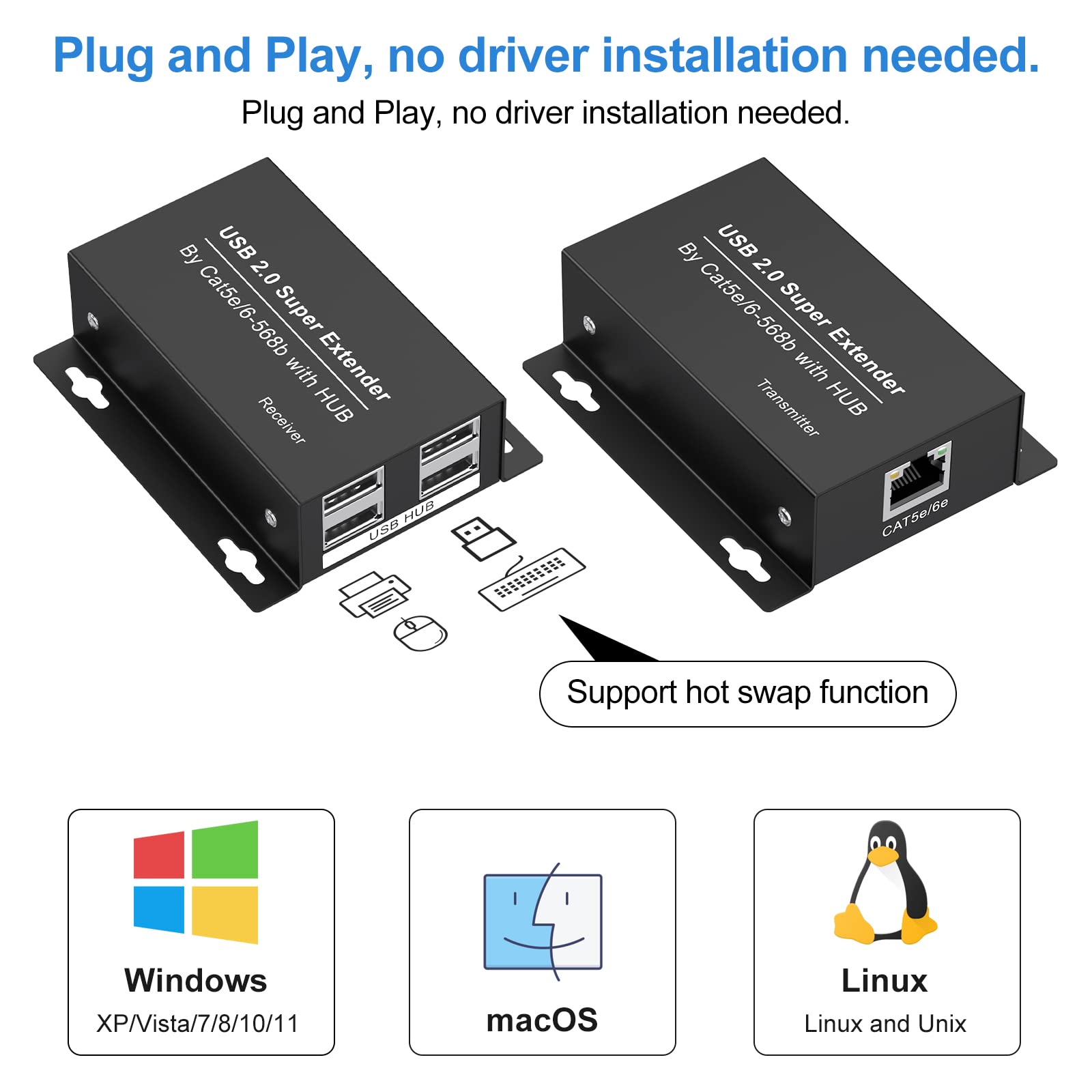 USB Extender Over Ethernet 200ft USB2.0 HUB RJ45 Cat5e/6 up to 480Mbps with Power Adapter Two Cameras Work in Sync Support Windows MacOS Android Linux