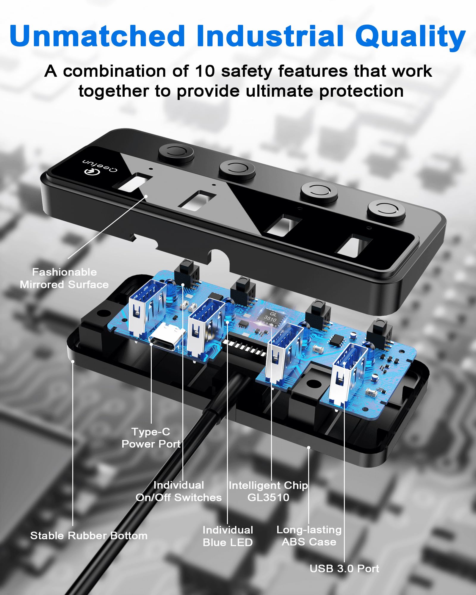 Qeefun 4-Port USB Hub 3.0, Individual LED Power Switches USB Extension 2ft USB Extender 5V/3A USB Adapter for Laptop, PC, USB Flash Drives, and More……