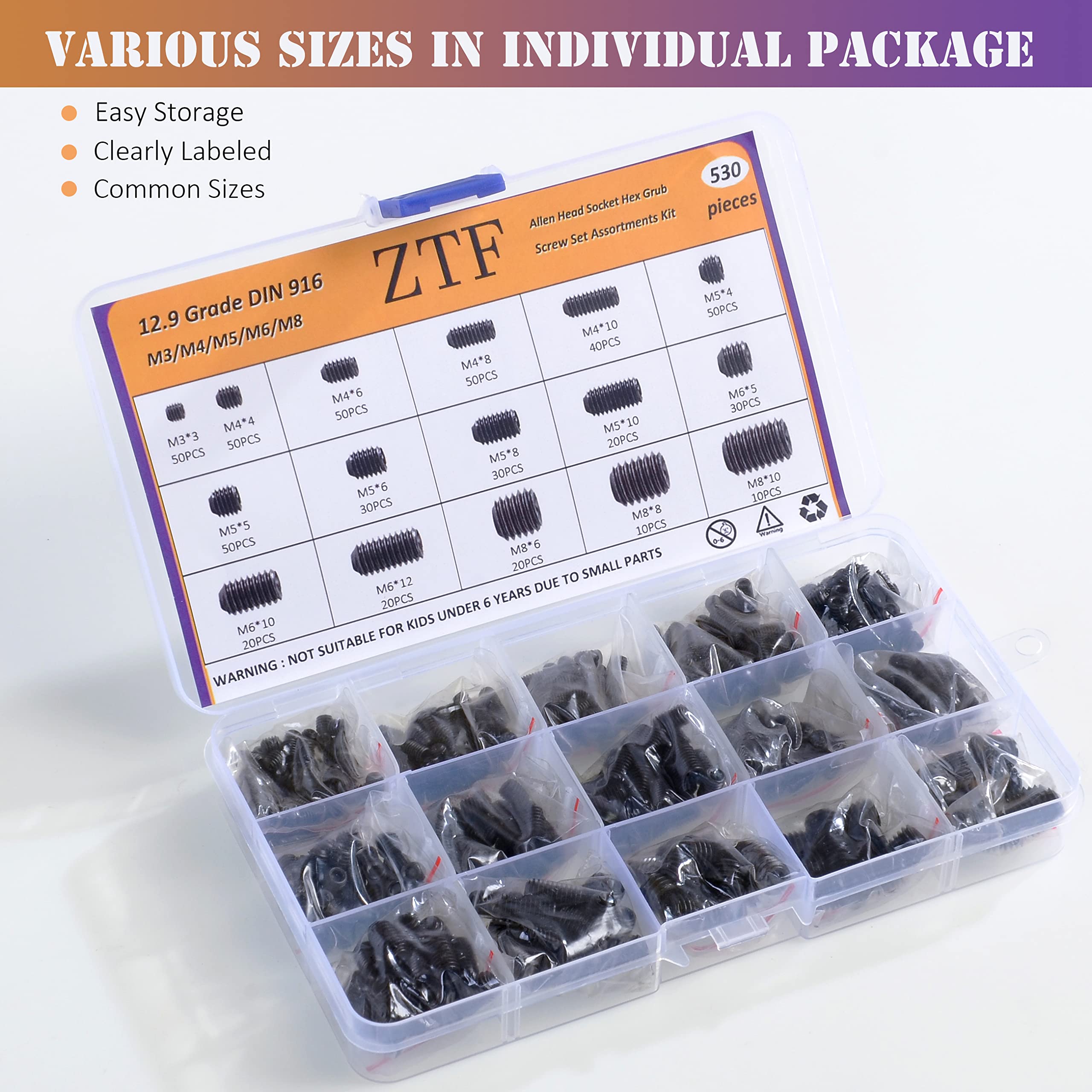 ZTF 530Pcs Metric Set Screw Assortment Kit, M3/4/5/6/8 Grub Screws Internal Hex Drive Set Screws for Bathroom Fixtures, Door Handles knobs, Towel Rack Screws Replacement, 12.9 Grade Alloy Steel