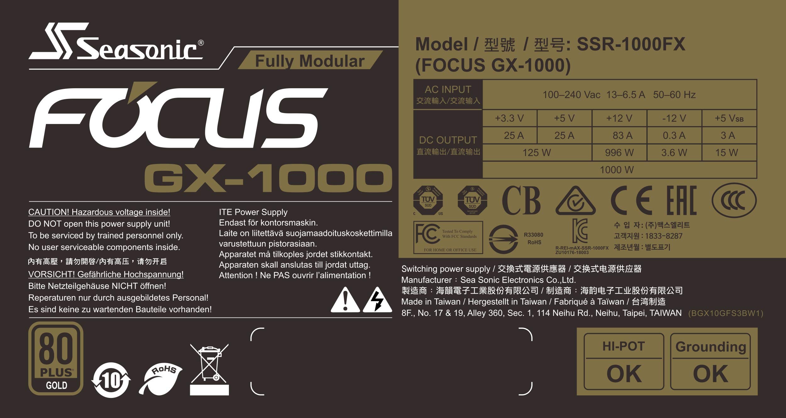 Seasonic Focus GX-1000, 1000W 80+ Gold, Full-Modular, Fan Control in Fanless, Silent, and Cooling Mode, 10 Year Warranty, Perfect Power Supply for Gaming and Various Application, SSR-1000FX.