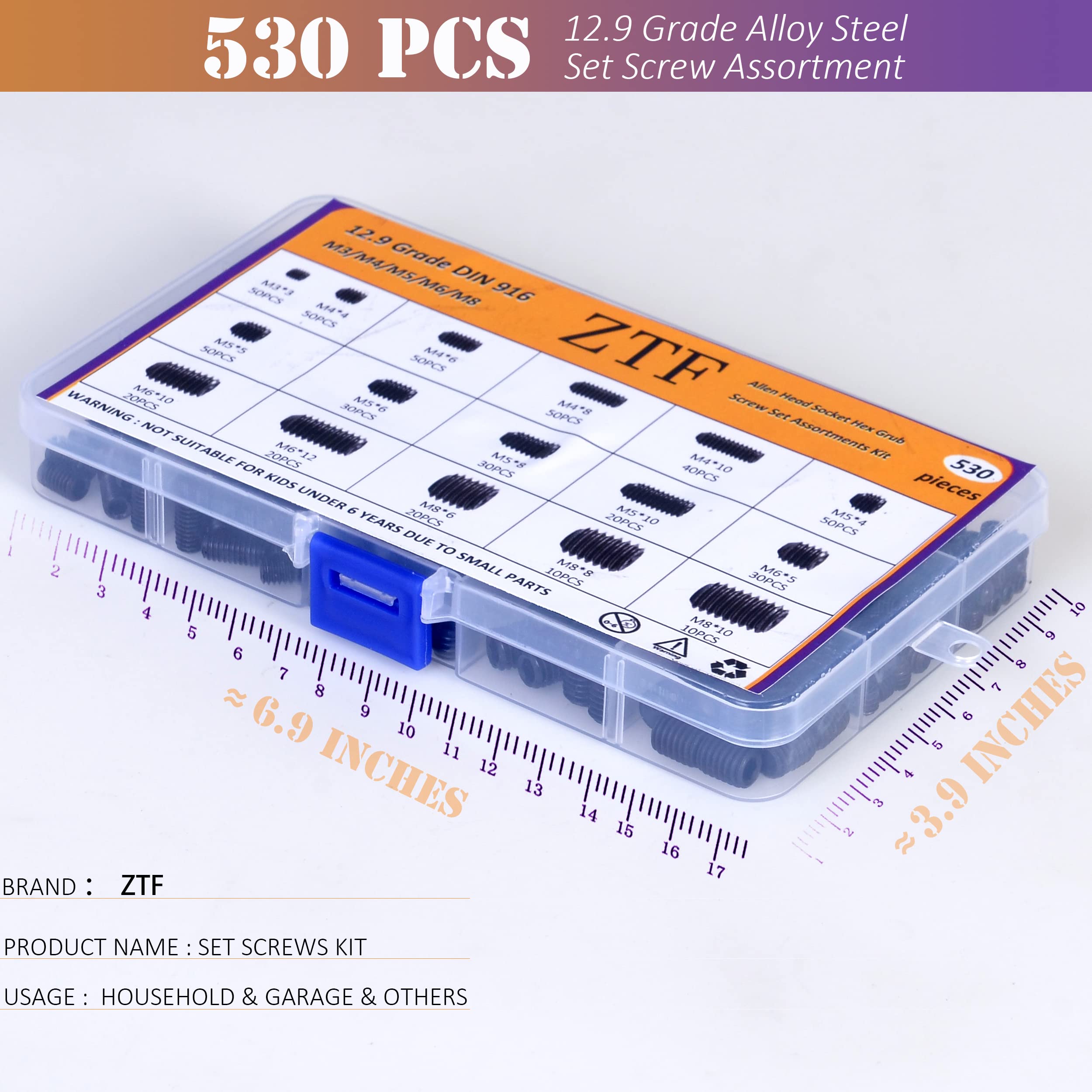 ZTF 530Pcs Metric Set Screw Assortment Kit, M3/4/5/6/8 Grub Screws Internal Hex Drive Set Screws for Bathroom Fixtures, Door Handles knobs, Towel Rack Screws Replacement, 12.9 Grade Alloy Steel