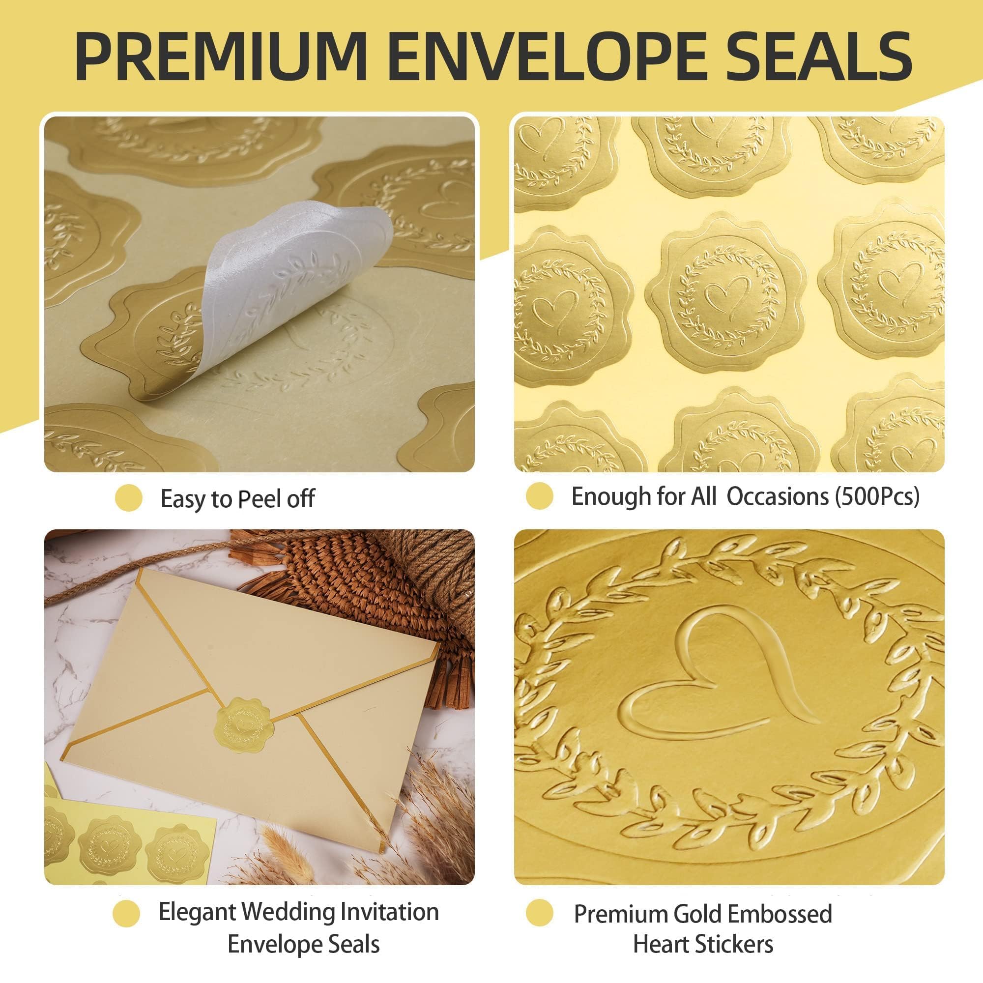 PigPotParty 500 PCS Gold Embossed Wax Seal-Like (Heart) Envelope Seal, Foil Love Stickers for Valentine Day/Wedding/Bridal Shower Invitations-Thank You Greeting Cards-Party Favors, Self-Adhesive