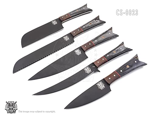 SHINY CRAFTS | Chef knife black Coated Kitchen Knife Set with wood handle and D 2 Steel Blade, Chef’s Knives set with Leather Pouch Roll (CS-23)