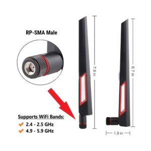 Black and Red 10dBi Dual Band Signal Booster Wi-Fi Antennas (2.4GHz/5GHz-5.8GHz) with RP-SMA Male Connector for Wireless Camera, Router, Hotspot - 2 Pack (Black/Red, RP-SMA Male)