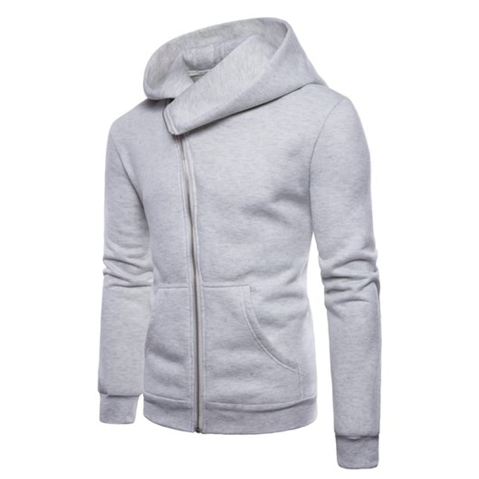 Maiyifu-GJ Men's Diagonal Zipper Hooded Sweatshirts Lightweight Fleece Slim Fit Hoodies Long Sleeve Casual Hip Hop Hoodie (Light Grey,Medium)