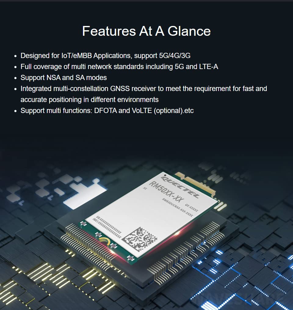 Waveshare Quectel 5G Sub-6 GHz Module Designed for IoT/EMBB Applications Industrial-Grade Modules Support DFOTA and Volte Functions-RM502Q-AE