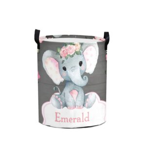 custom watercolor pink flower elephant storage basket with handles personalized name waterproof collapsible laundry baskets for clothes