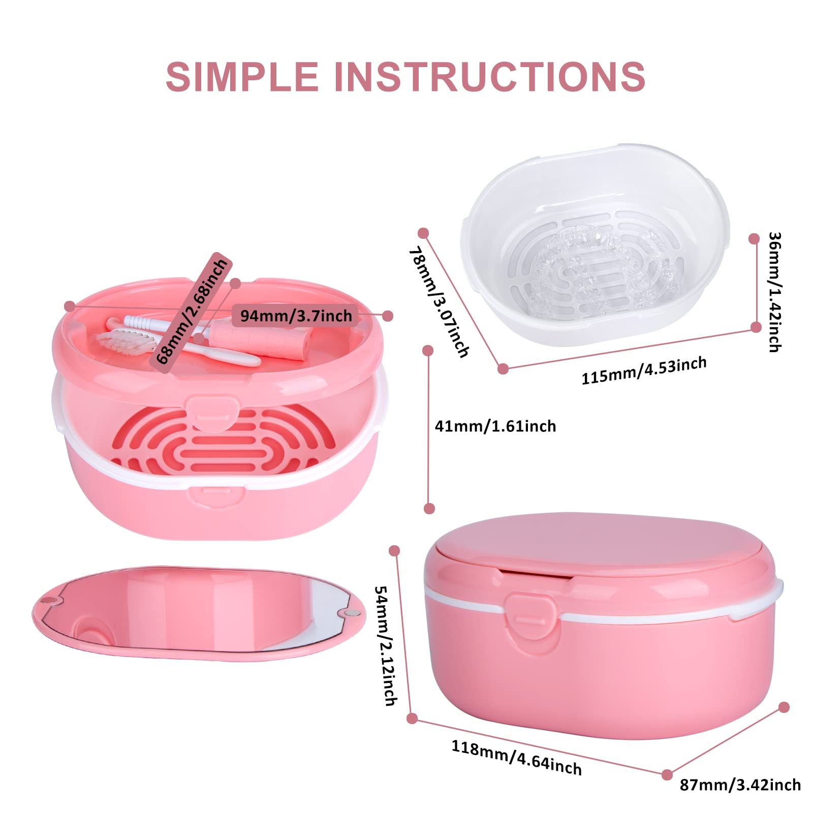 Double Layer Dry and Wet Separation Portable Retainer Case Kit, with Strainer Aligner Removal Tool, Layered Seal Against Dust Denture Case, Orthodontic Dental Retainer Box for Household Travel (Pink)