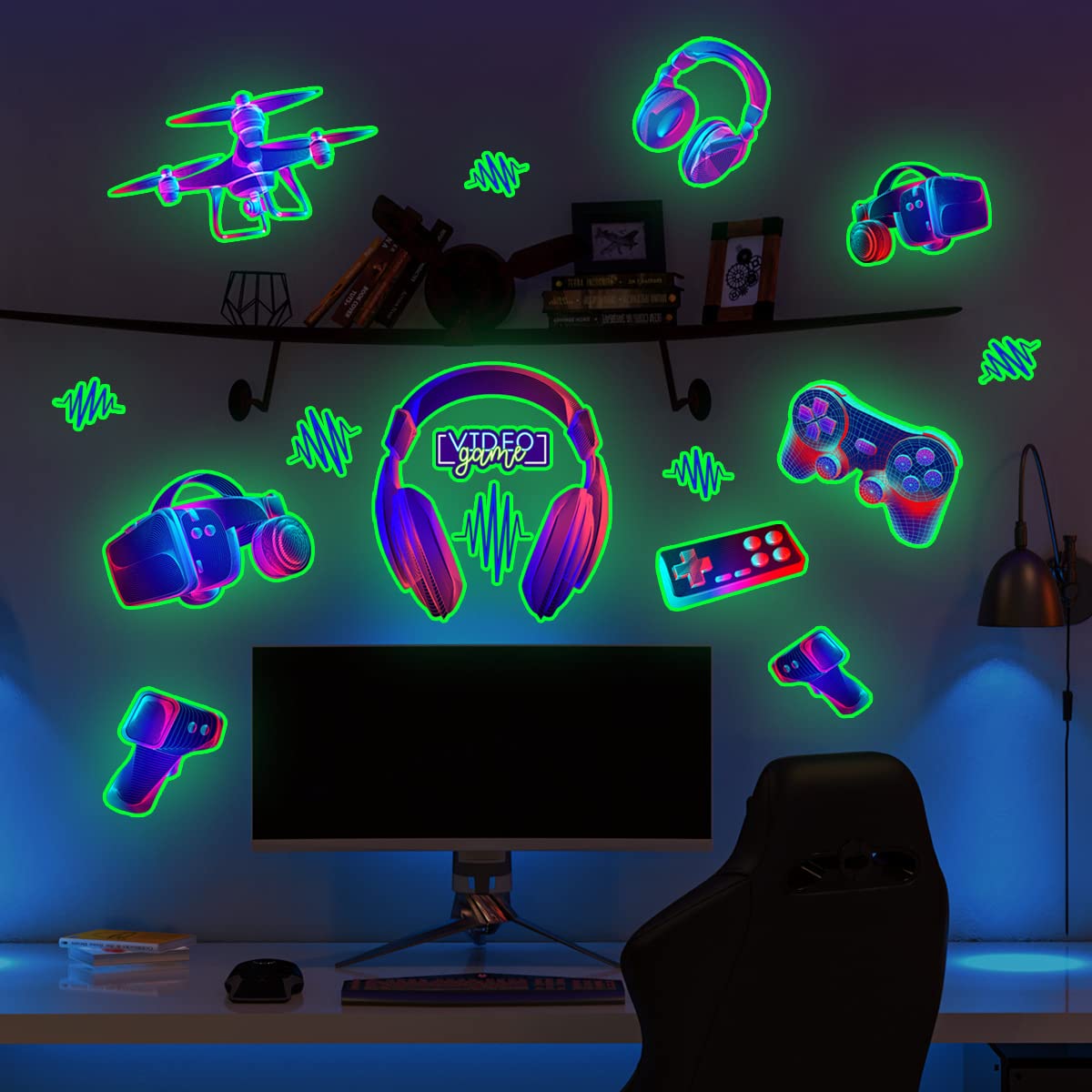 Prabahdak Gaming Wall Decals Glow in The Dark Game Wall Stickers Boy Gamer Video Game Controller Wall Decor for Boys Room Kids Bedroom Home Playroom Decoration