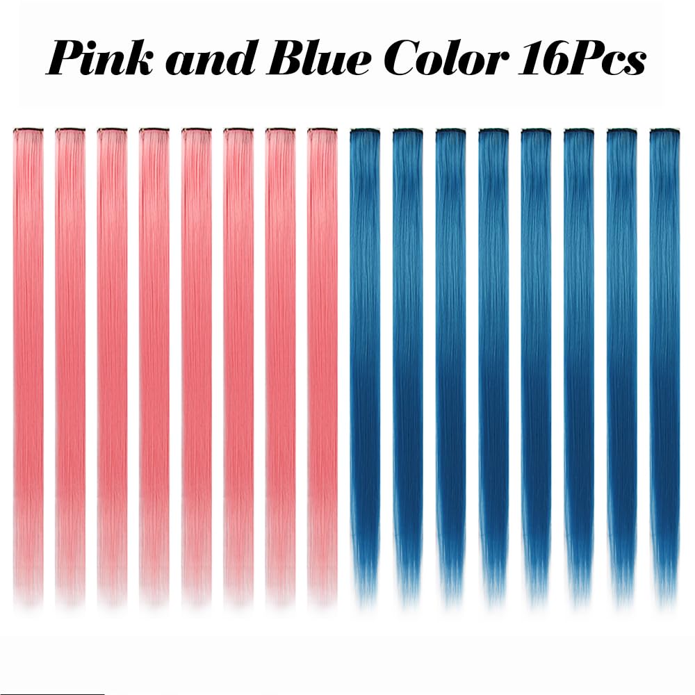 Sleekcute Pink and Blue 16Pcs Colored Hair Extensions - 22 Inch Straight Clip In Synthetic Hairpieces Ideal for Women, Kids, and Girls, for Halloween, Christmas and Cosplay