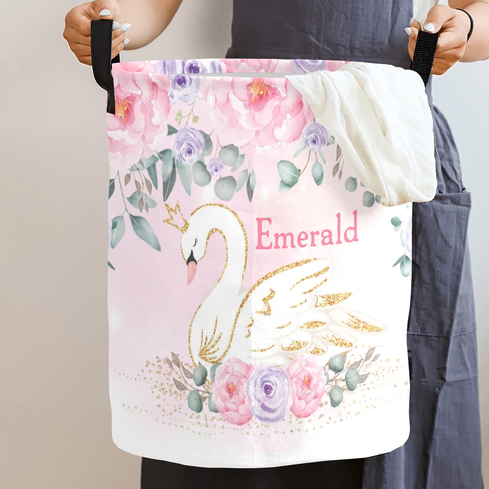 Custom Watercolor Floral Swan Pink Laundry Basket Handles Collapsible Hamper Foldable Storage Bin Living Room Office Bathroom Bedroom