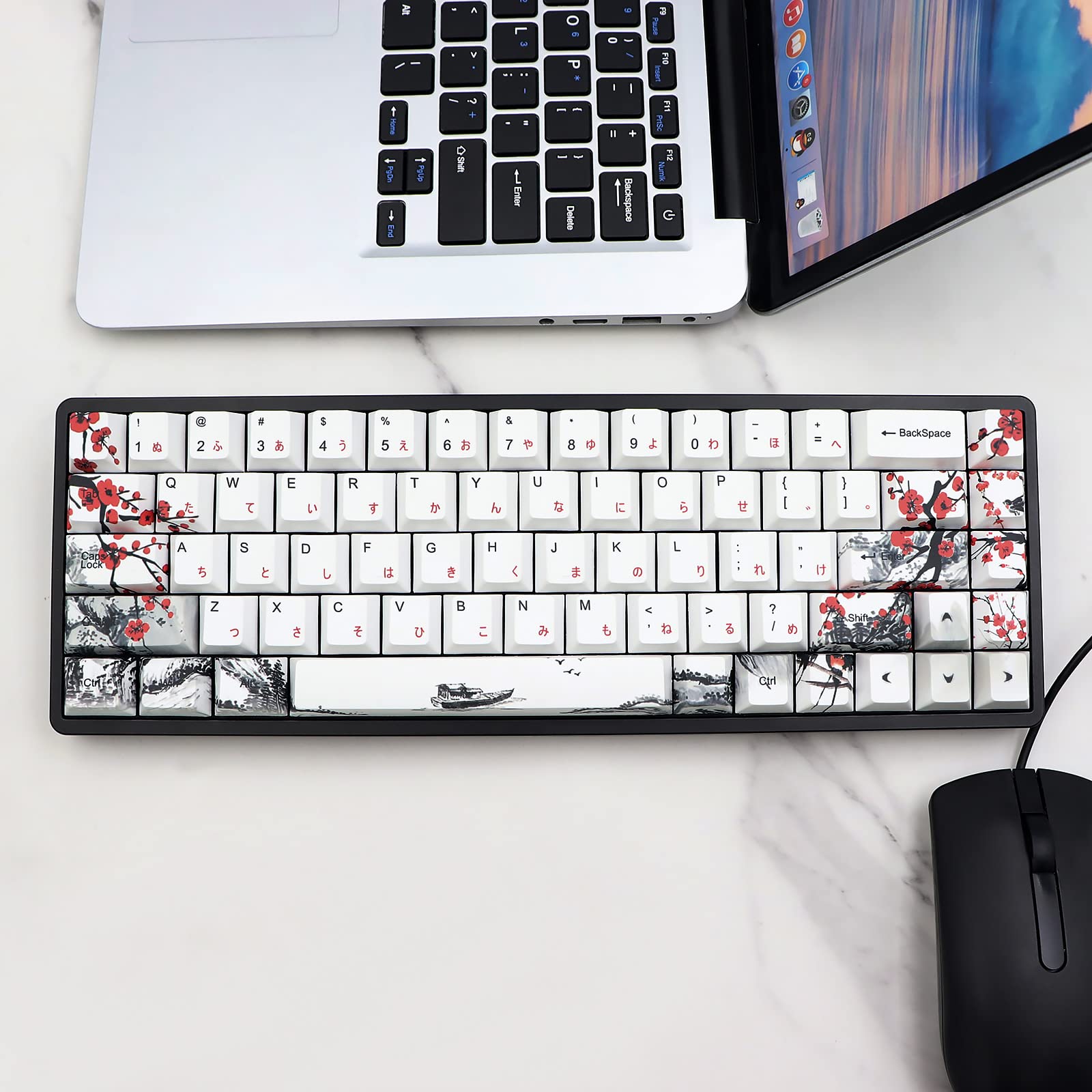 JSJT Plum Blossom Keycaps 135 Keys Japanese Keycaps PBT Custom Keycap Set Cherry Profile Key Caps for US/ISO Layout Cherry MX Switch 64 68 87 96 108 Gaming Mechanical Keyboard(6.25u/7u Spacebar)