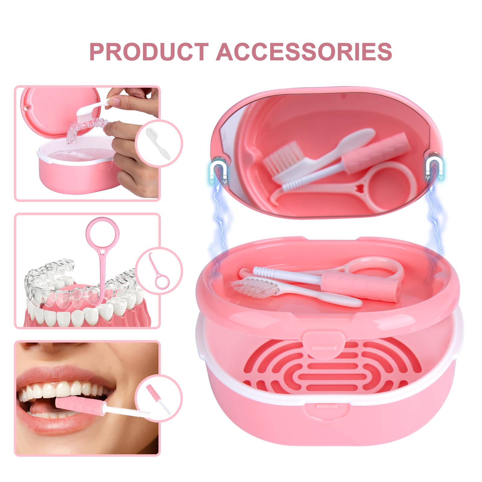 Double Layer Dry and Wet Separation Portable Retainer Case Kit, with Strainer Aligner Removal Tool, Layered Seal Against Dust Denture Case, Orthodontic Dental Retainer Box for Household Travel (Pink)