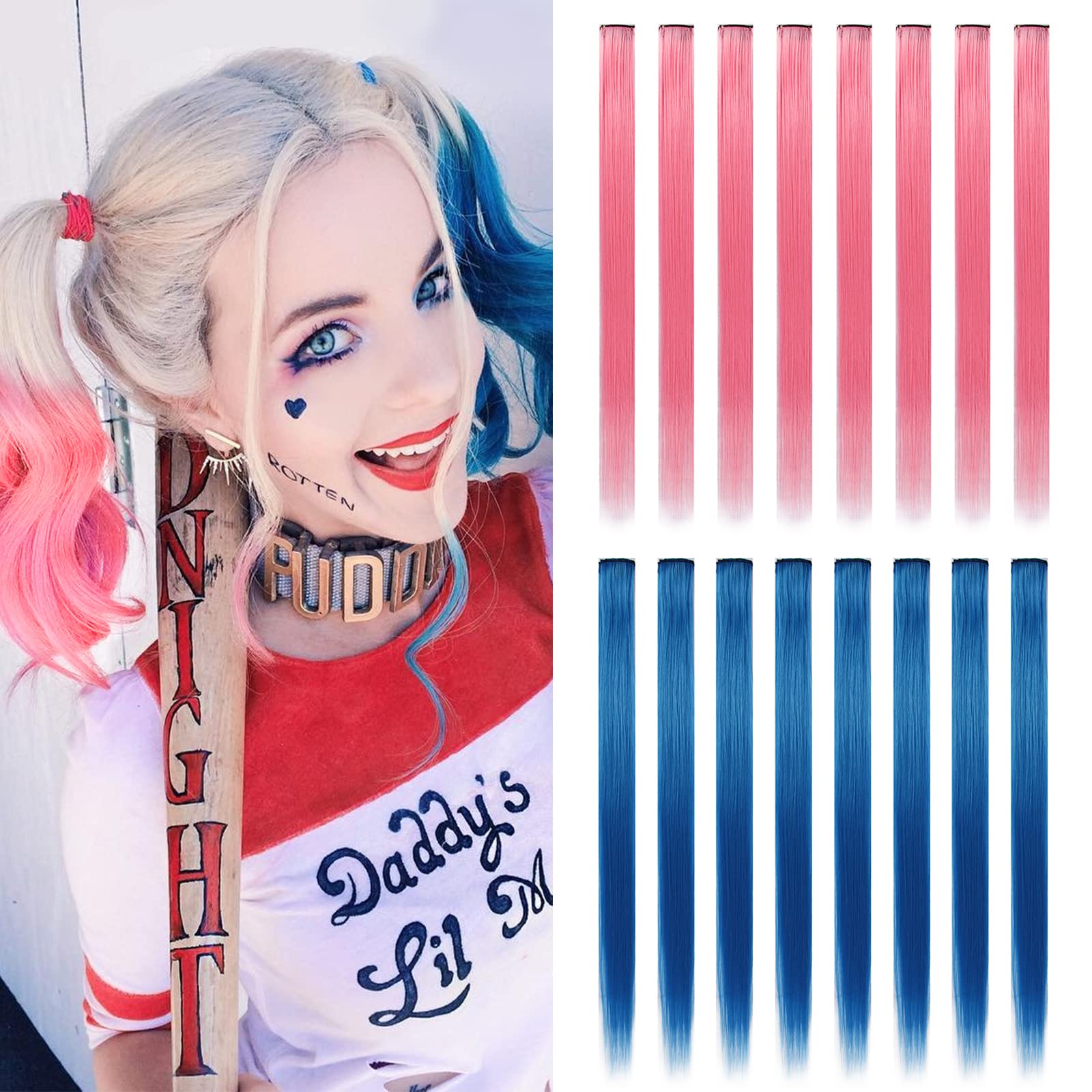 Sleekcute Pink and Blue 16Pcs Colored Hair Extensions - 22 Inch Straight Clip In Synthetic Hairpieces Ideal for Women, Kids, and Girls, for Halloween, Christmas and Cosplay