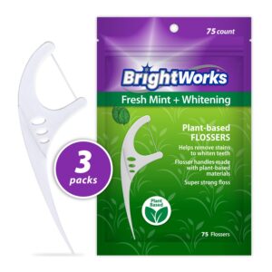 225 Piece BrightWorks Fresh Mint + Whitening Dental Flossers with Plant-Based Handles, Super-Strong Floss and Mint-Flavored Floss with Micro-Crystals, 75 Count (Pack of 3)