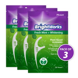 225 Piece BrightWorks Fresh Mint + Whitening Dental Flossers with Plant-Based Handles, Super-Strong Floss and Mint-Flavored Floss with Micro-Crystals, 75 Count (Pack of 3)