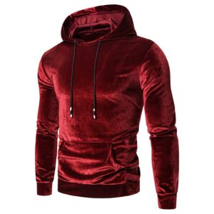 Maiyifu-GJ Men's Velvet Velour Slim Fit Hoodies Long Sleeve Drawstring Pullover Hoodie Lightweight Warm Hooded Sweatshirt (Red,Medium)