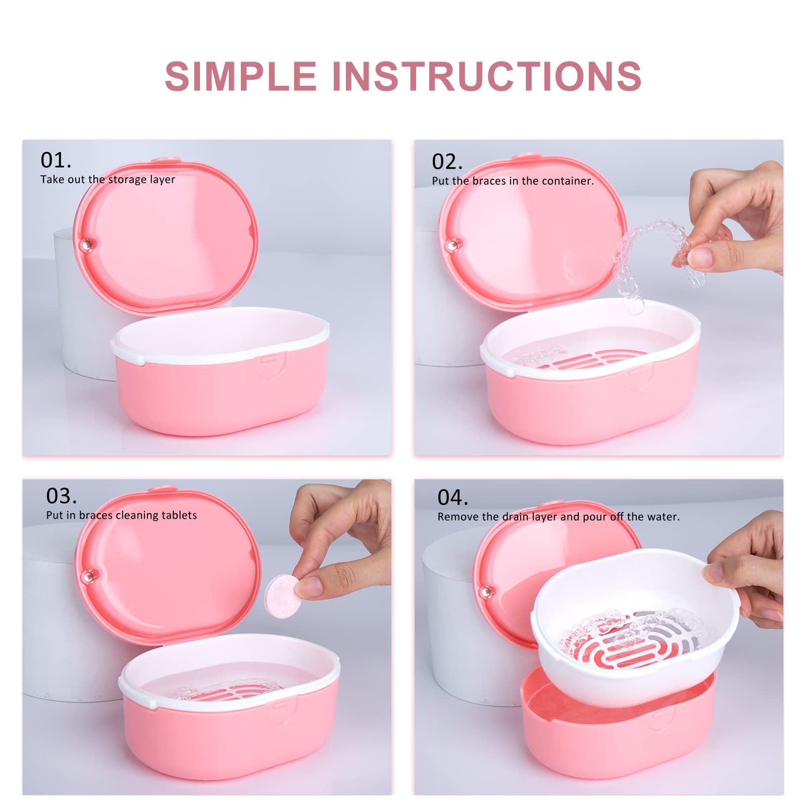 Double Layer Dry and Wet Separation Portable Retainer Case Kit, with Strainer Aligner Removal Tool, Layered Seal Against Dust Denture Case, Orthodontic Dental Retainer Box for Household Travel (Pink)