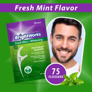 225 Piece BrightWorks Fresh Mint + Whitening Dental Flossers with Plant-Based Handles, Super-Strong Floss and Mint-Flavored Floss with Micro-Crystals, 75 Count (Pack of 3)