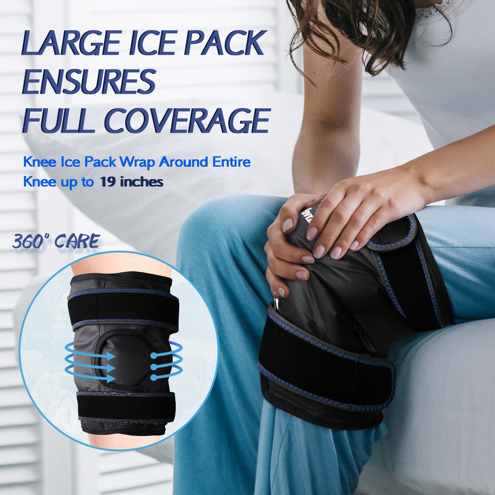 XXL Knee Ice Pack Wrap Around Entire Knee After Surgery, Reusable Gel Ice Pack for Knee Injuries, Large Ice Pack for Pain Relief, Swelling, Knee Surgery, Sports Injuries, 2 Pack (Black)