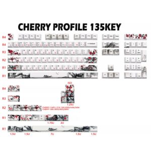 JSJT Plum Blossom Keycaps 135 Keys Japanese Keycaps PBT Custom Keycap Set Cherry Profile Key Caps for US/ISO Layout Cherry MX Switch 64 68 87 96 108 Gaming Mechanical Keyboard(6.25u/7u Spacebar)