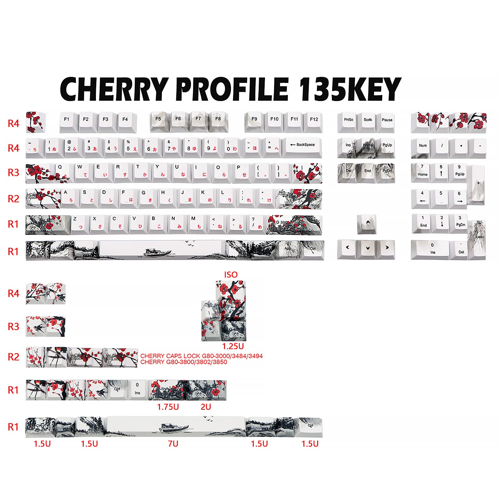 JSJT Plum Blossom Keycaps 135 Keys Japanese Keycaps PBT Custom Keycap Set Cherry Profile Key Caps for US/ISO Layout Cherry MX Switch 64 68 87 96 108 Gaming Mechanical Keyboard(6.25u/7u Spacebar)